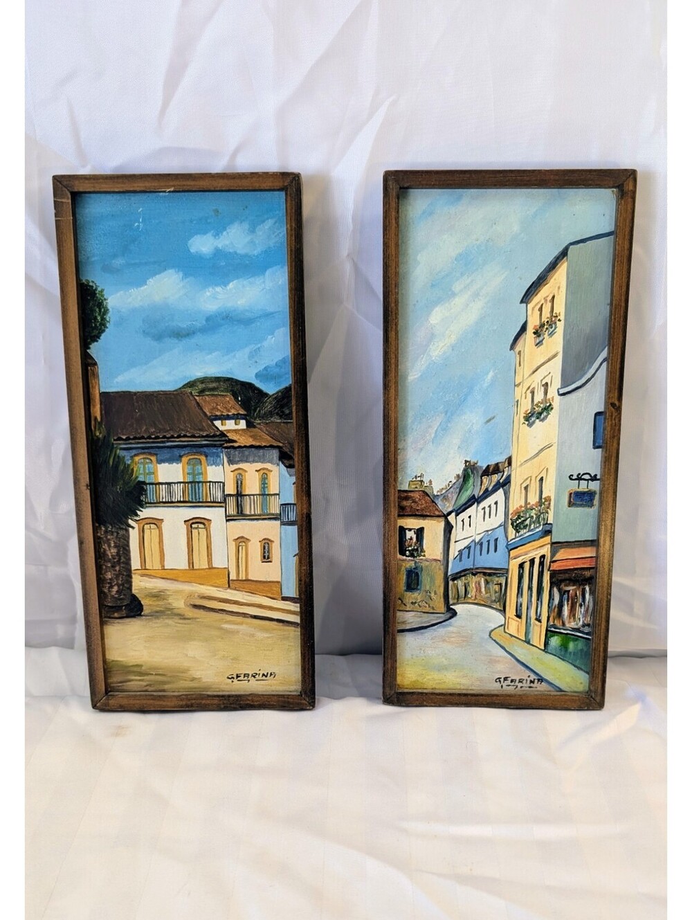 Gilberto Farina Original Paintings Brazilian Architecture Street Scene Pair